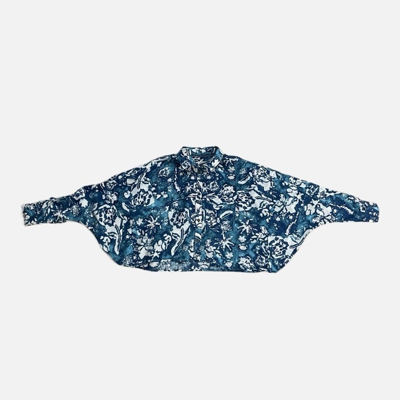 Pilcro Anthropologie Cropped Batwing Blouse XXS Oversized Ruffle Batik Blue - Picture 14 of 16